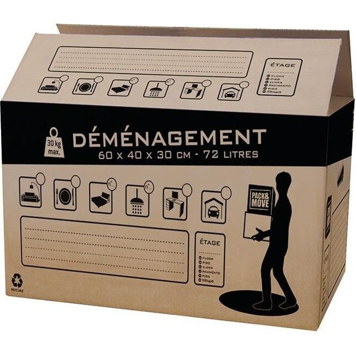 80x60x50cm Made in France Lot de 10 cartons de déménagement XXL 240L Charge max 20KG
