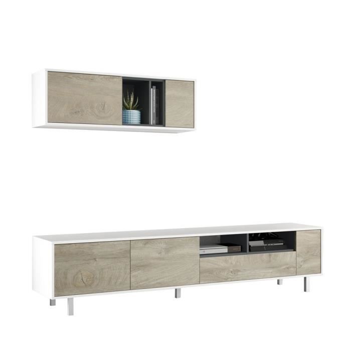 Meuble TV coloris chêne à nœuds - blanc artic - Hauteur 46 x Longueur 200 x Profondeur 41 cm