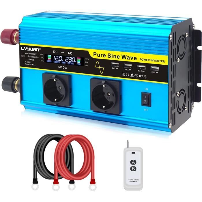 JIGUUN 2000W Convertisseur 12V 220V Pur Sinus Avec Chargeur 30A Et