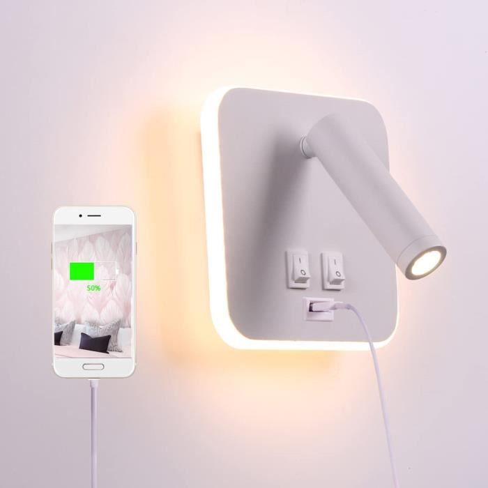 Applique Murale LED TWSXTE 13W - Blanc Chaud 3000K - Bras Flexible + Port USB - Pour Chambre/Salon