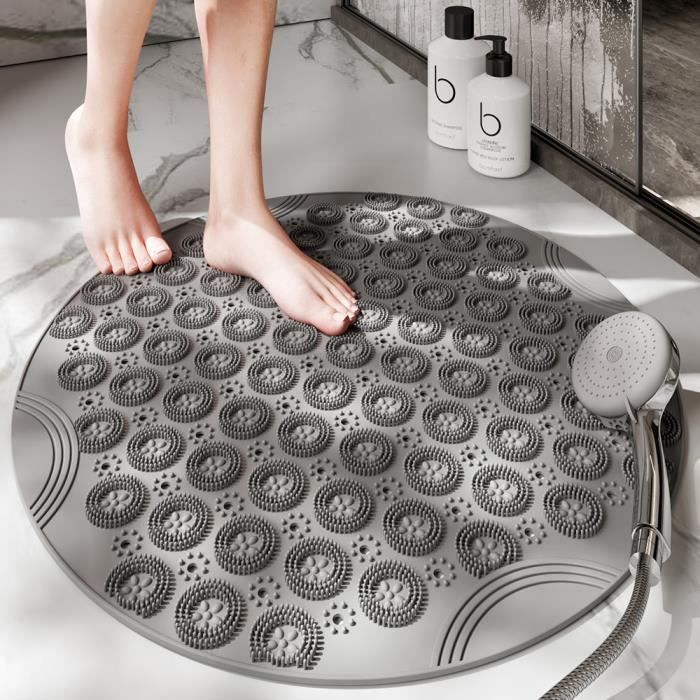 Tapis De Douche Antidérapant PVC - 53x53 Cm, Gris, Ventouses Puissantes, Trous De Drainage, Rapide à Sécher
