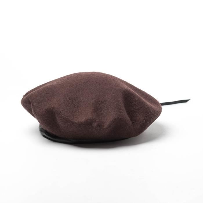 Dark BrownM béret français en cuir laine pour femme, casquette en