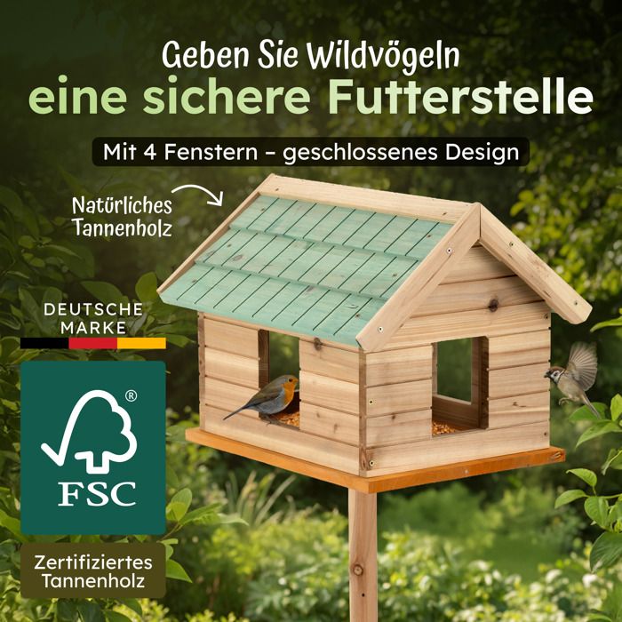 Mangeoire Oiseaux Sur Pied 135 Cm - Cabane En Bois Avec Fenêtres - Toit Bardeaux Vert - Extérieur