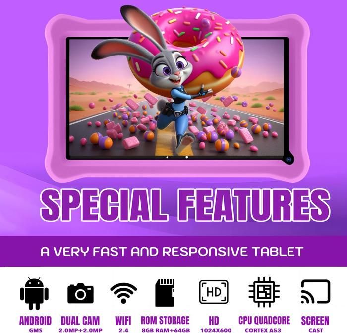 Oangcc 2024 Tablette Enfants 7 Pouces Android 13, 7Go+64Go/TF 1To | WiFi 6 | Quad-Core| BT 5.0 | Contrôle Parenta l Kids Apps Pré-installé | Dual Cameras | Kids Tablettes avec Étui
