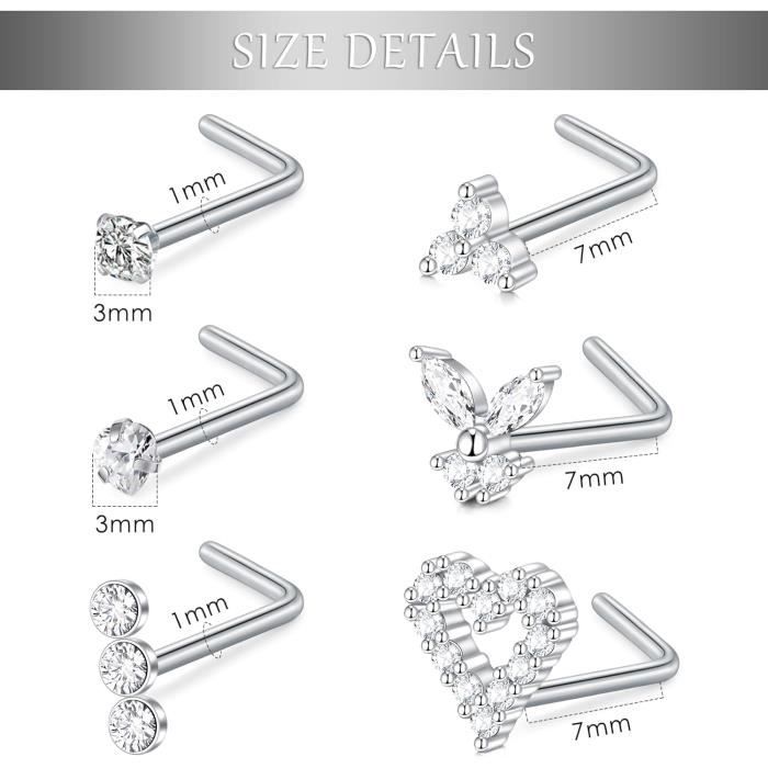 Piercing Nez Anneaux Courbés VFUN - Lot De 8 (4 En L, 4 Spirale) - Acier Inoxydable 18G - Diamant CZ 1.5-3mm - Pour Femmes & Hommes