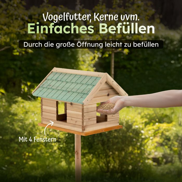 Mangeoire Oiseaux Sur Pied 135 Cm - Cabane En Bois Avec Fenêtres - Toit Bardeaux Vert - Extérieur