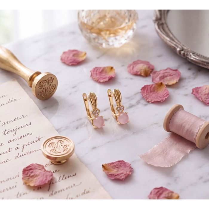 Boucles D'oreilles Dormeuses Coeur Rose - Plaqué Or Jaune 750/1000, Avec Pierre De Lune, Neuves