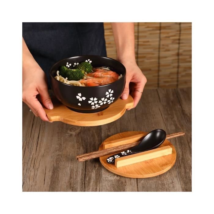 Set De 2 Grands Bols à Ramen En Céramique - 20 Cm, 1200 Ml, Avec Baguettes Et Cuillère, Style Japonais Bleu Et Blanc - 2