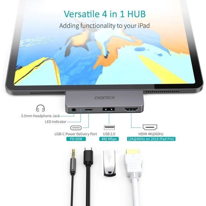 Concentrateur USB C pour iPad Pro 4 en 1 Type C 4K 60HZ Adaptateur HDMI - Cdiscount  Informatique