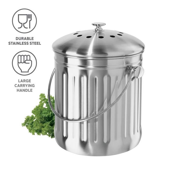 Composteur De Cuisine 3 L En Acier Inoxydable - Avec Filtre à Charbon, Pour Déchets Alimentaires, Blanc Laiteux - 5
