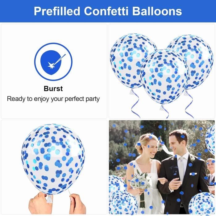 Set De 60 Ballons Bleus Et Blancs - Hélium, Latex, Inclut Bleu Clair, Perle, Métallisé, Confettis, Pour Mariage, Baby Shower, Anniversaire