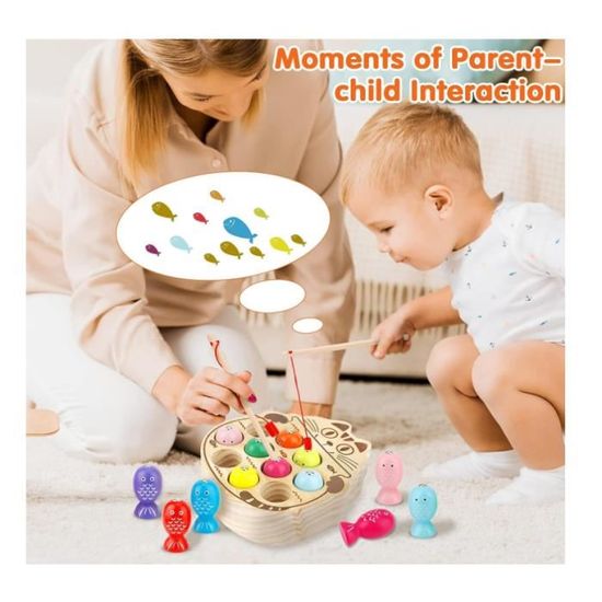 Jeu De Pêche Montessori 46 Pièces - Canne Magnétique Bois | Cadeau Enfant 2 Ans