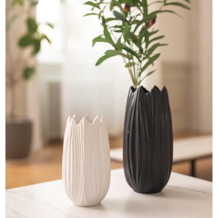 Lot De 3 Vases Décoratifs Modernes En Céramique Côtelée - Blanc - Hauteurs 25,4 / 20,3 / 17,8 Cm - Centre De Table Intérieur