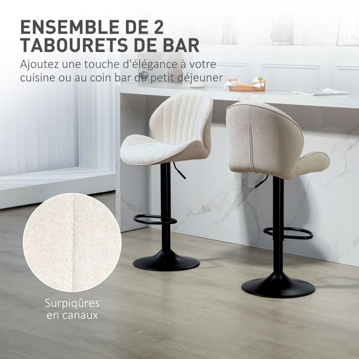 Lot De 2 Tabourets De Bar HOMCOM – Dossier, Repose-pieds, Hauteur Réglable 86-106 Cm, Pivotant 360°, Gris