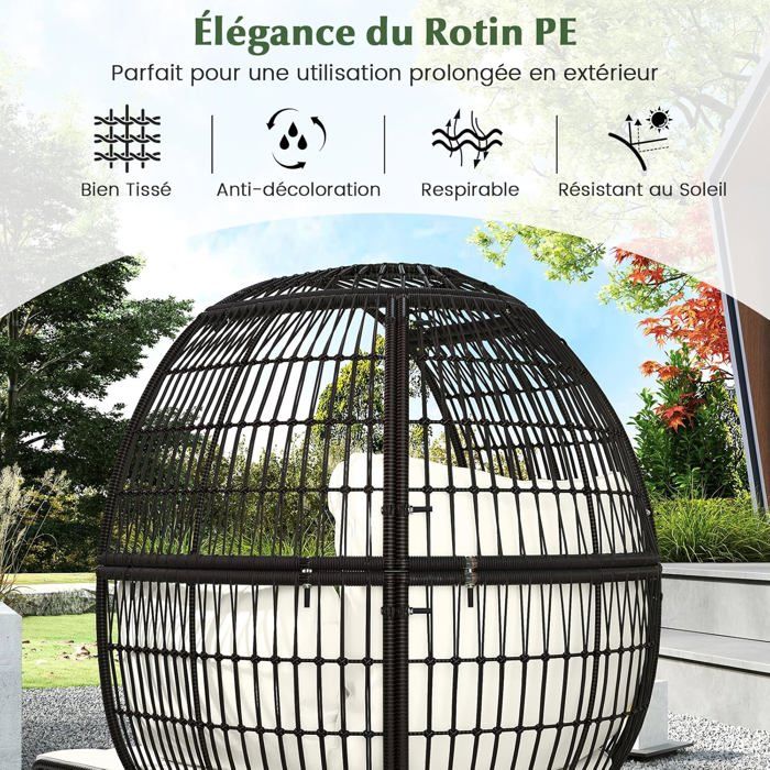 Ensemble Fauteuil œuf + Ottoman COSTWAY - Support 205 Kg - Rotin PE - Dimensions 110x82x145 Cm - 9