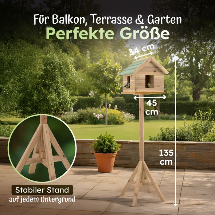 Mangeoire Oiseaux Sur Pied 135 Cm - Cabane En Bois Avec Fenêtres - Toit Bardeaux Vert - Extérieur
