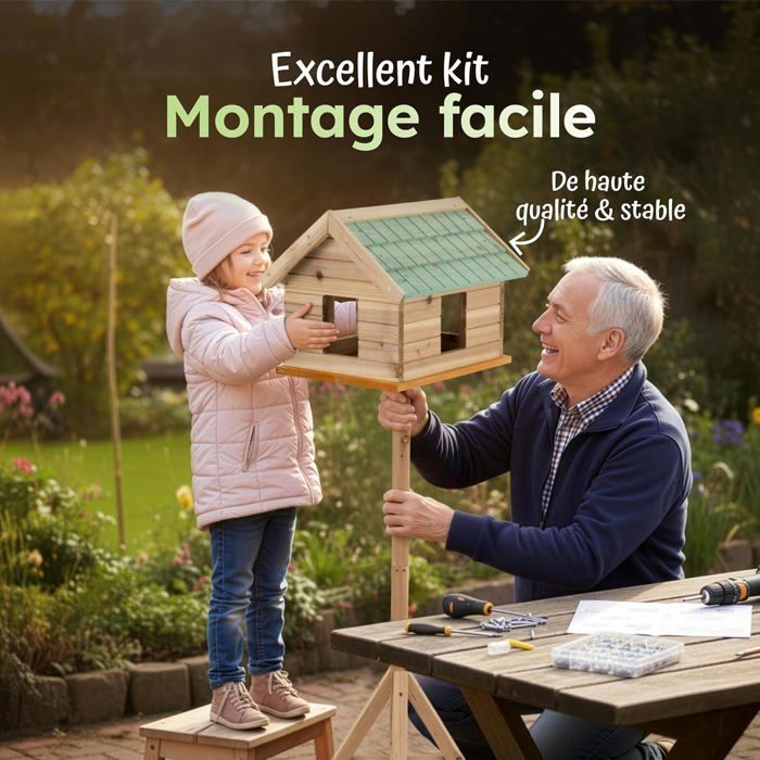 Mangeoire Oiseaux Sur Pied 135 Cm - Cabane En Bois Avec Fenêtres - Toit Bardeaux Vert - Extérieur