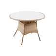 Table de jardin ronde en bois de rotin et verre trempé blanc, pieds en métal - diamètre 105 x hauteur 73 cm-0