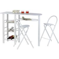 Ensemble STYLE avec table haute de bar mange-debout comptoir et 2 chaises/tabourets, en MDF blanc mat et structure en métal blanc
