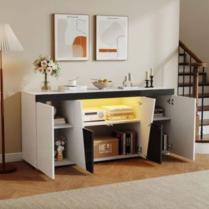 Buffet Salon 140 Cm Blanc Laqué - 2 Portes, 3 Tiroirs, étagères Réglables - Éclairage LED Intégré - Meuble Rangement Moderne