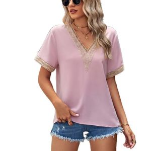 T-SHIRT T-shirt femmes dentelle patchwork V - neck solide couleur rose