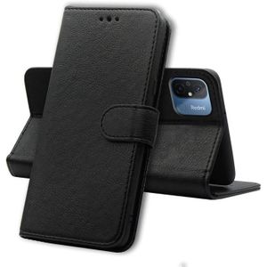 Coque Portefeuille Xiaomi Redmi 12C - Simili Cuir Noir + 2 Verres Trempés - Neuf