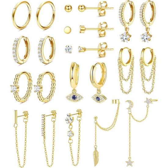 Goiern Lot De 3 Paires Boucles D'Oreilles Créoles Plaqué Or 18K - Lune Étoiles Zircon - Minimaliste
