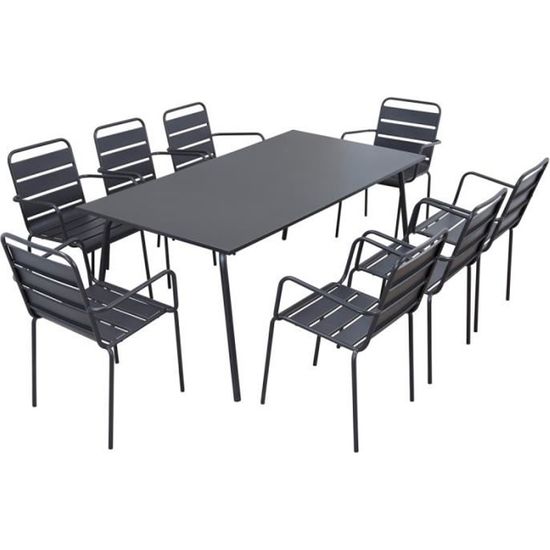 Ensemble table de jardin rectangulaire et 8 chaises avec accoudoirs en métal - Collection Palavas