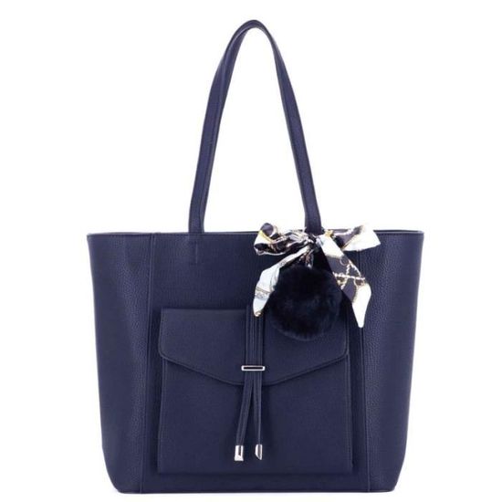 Flora Co Paris Sac À Main Femme Grainé Multipoches Pompon Fourrure Foulard Imprimé Bleu