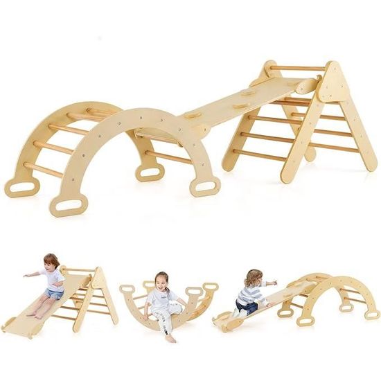 Triangle D'Escalade Montessori + Arche + Toboggan - 9 En 1 Bois, Pour Enfants 1-6 Ans (Bleu)