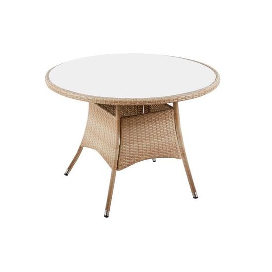 Table de jardin ronde en bois de rotin et verre trempé blanc, pieds en métal - diamètre 105 x hauteur 73 cm