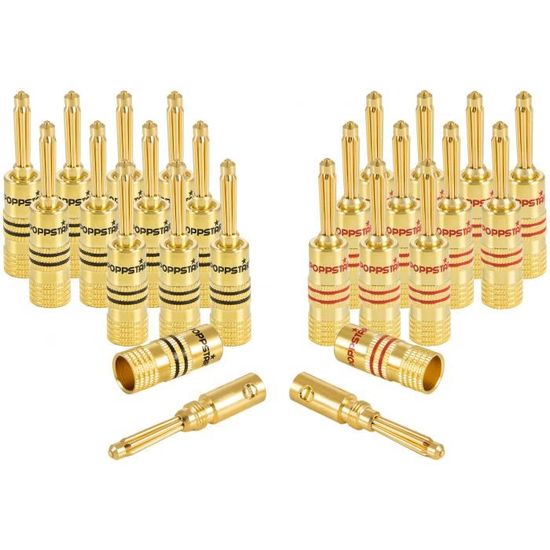 plaqué Or Lot de 4 fiches Bananes Haut de Gamme pour câbles jusquà 6 mm 2 24 K 2 Noires + 2 Rouges Rhodium Soudure ou vissable, . 