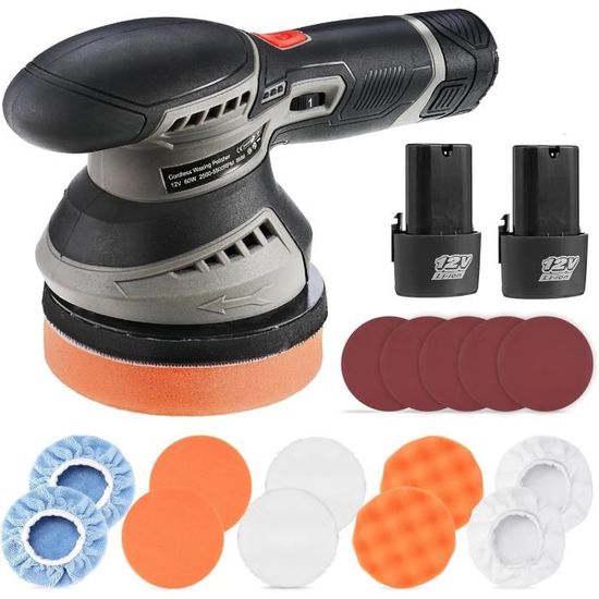 Polisseuse Voiture Sans Fil 1250W 8 Vitesses - Orbitale Excentrique 125 Mm - 2 Batteries 1300mAh + 18 Accessoires - Polissage Cirage Ponçage