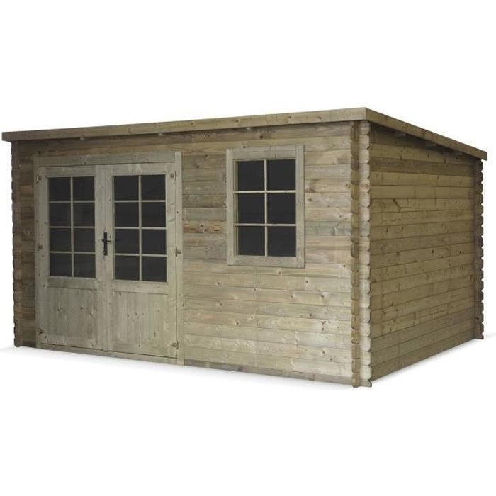 Abri de jardin contemporain traité autoclave classe 3, MEGEVE en bois FSC de 12,8 m², structure en madriers 28 mm, sapin du nord