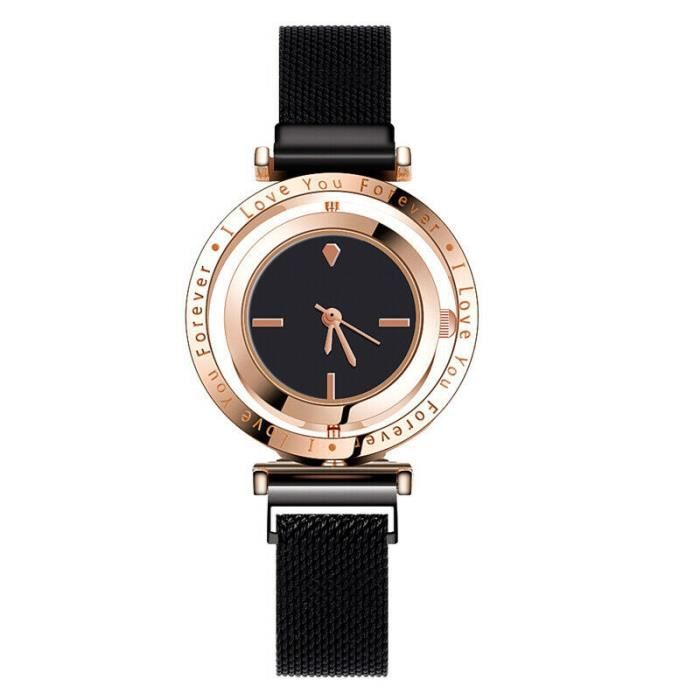 Montre Élégante Pour Femme Couleur Noir Bracelet Milanais Inoxydable Fermeture Aimantée