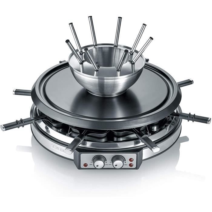 SEVERIN RG 2348 Appareil Combiné Raclette-Fondue, Câble d'Alimentation XXL, env. 1900 W, Caquelon à Fondue en Inox et 8 Coupelles