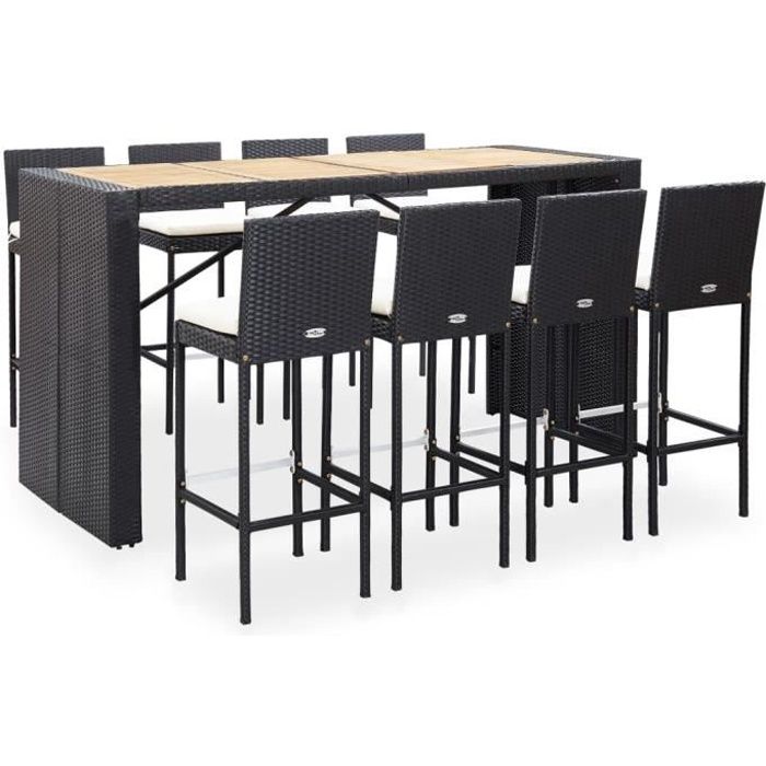 Salon de jardin Ensemble de bar de jardin 1 Table + 8 Tabouret de bar - Résine tressée &Bois d'acacia Noir - Avec 8 coussins