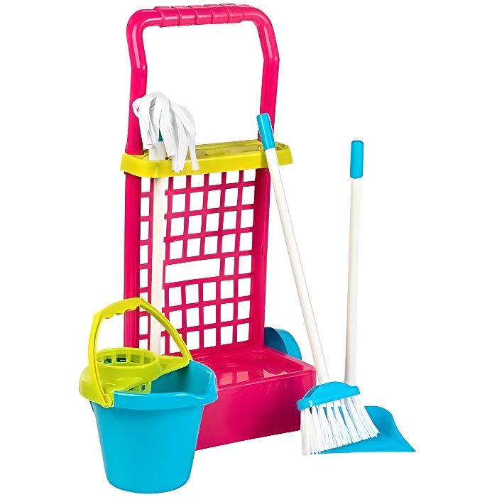 COLORBABY 40594 Jeu d'imitation Chariot de Nettoyage avec Seau, Balai, ramassette et serpillière. Seau Bleu Rouge 43282