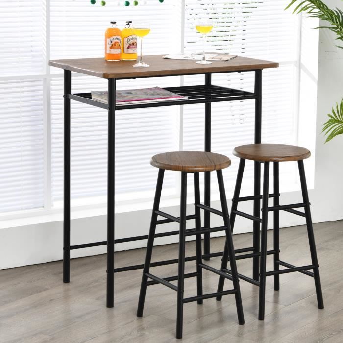COSTWAY Ensemble Table et Chaises, Table Haute de Style Industriel, 2 Tabourets avec Repose-pieds pour Bistro et Cuisine Café