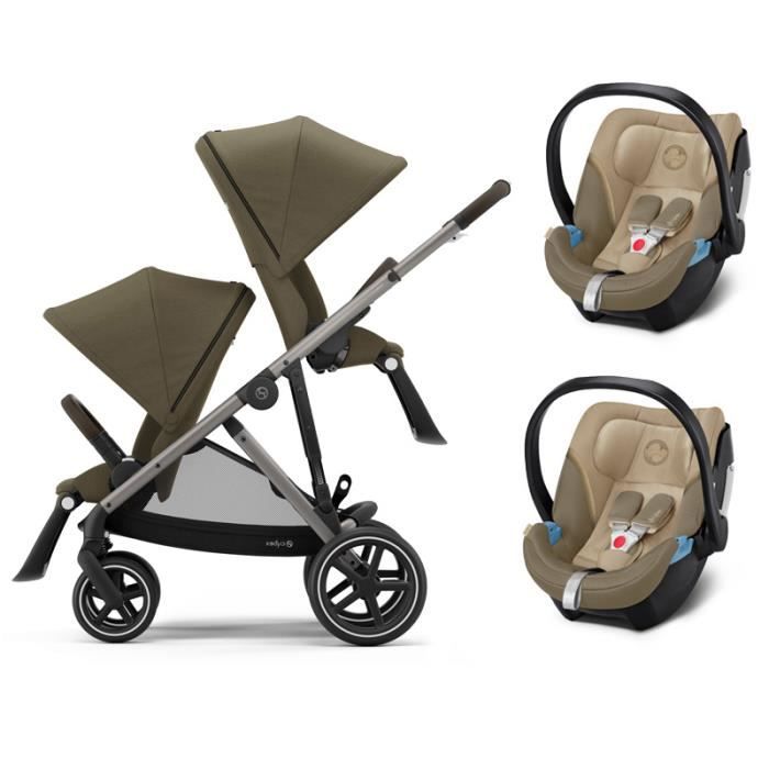 CYBEX Gazelle S Jumeaux - Poussette (6+) avec deux siège auto - Pliage compact - châssis argent - Beige