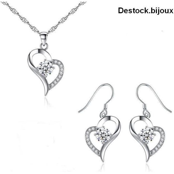 Parure Bijoux Coeur Cristal Swarovski Elements Blanc Argent Fin Rhodié