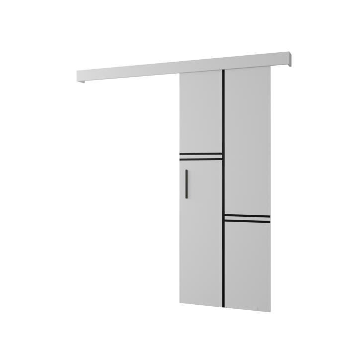 Ensemble Porte coulissante interieur avec rail AGRA VIII - Blanc mat + Lunette noir mate + Poignée noir mat - 90x204cm