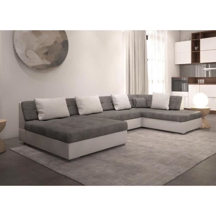 OTIA - Canapé d'angle panoramique et Convertible XXL en U - en Simili et Tissu - Angle Droit (Gris et Blanc)
