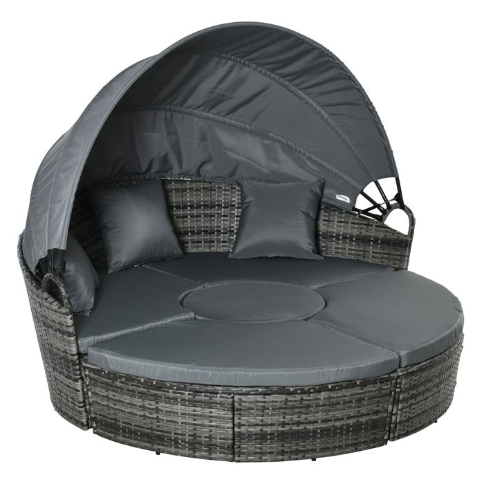Lit canapé de jardin modulable grand confort pare-soleil pliable 5 coussins 3 oreillers 180L x 175l x 147H cm résine polyester gris