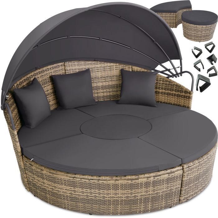 TECTAKE Salon de Jardin - Bain de Soleil Transat Modulable Aluminium et Résine Tressée - Pare Soleil + 3 Coussins - Marron Naturel