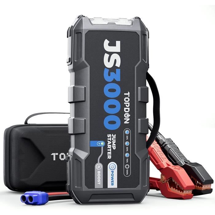 TOPDON Booster Batterie JS3000 Demarreur de Batterie Voiture 3000A/24000mAh Jump Starter pour Moteurs Diesel Jusqu'à 9L et 7L
