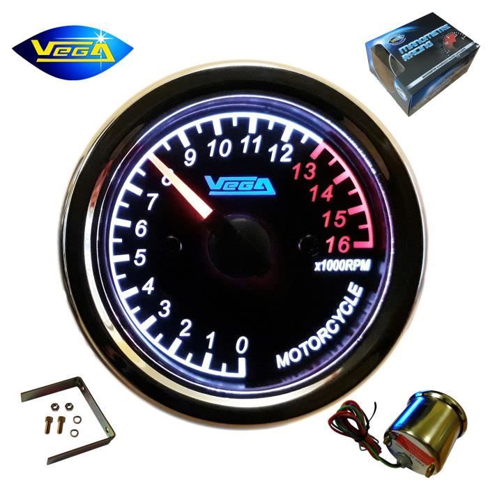 Manomètre Vega® compte-tours inox étanche monocylindre 4 temps moto bateau chromé 0-16000 tours-min 52 mm marque Française