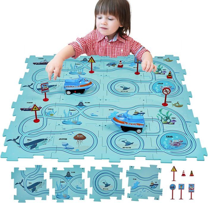 Puzzle Construction Route SGILE 8 Pièces - Jeu éducatif Enfants 3 Ans+, Voitures Incluses, Thème Océan, Apprentissage Précoce