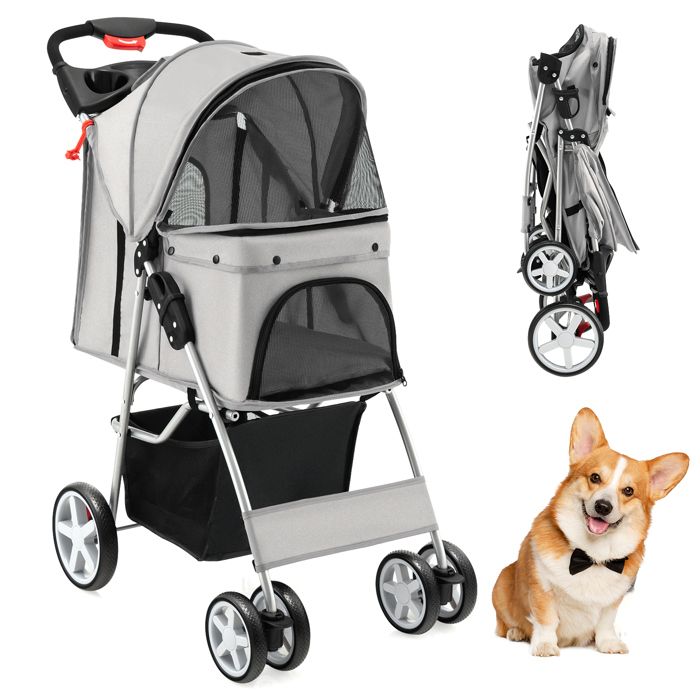 Meilleurs prix pour COSTWAY Poussette Buggy Pliable Animaux 4 Roues Charge 15 KG Chariot pour Chat Chien avec Porte-gobelet et Panier de Rangement Gris