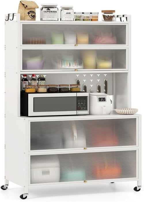 COSTWAY Buffet de Cuisine à Roues à 6 Niveaux Plan de Travail pour Micro-ondes Portes Battantes Crochets Pieds AjustablesBlanc